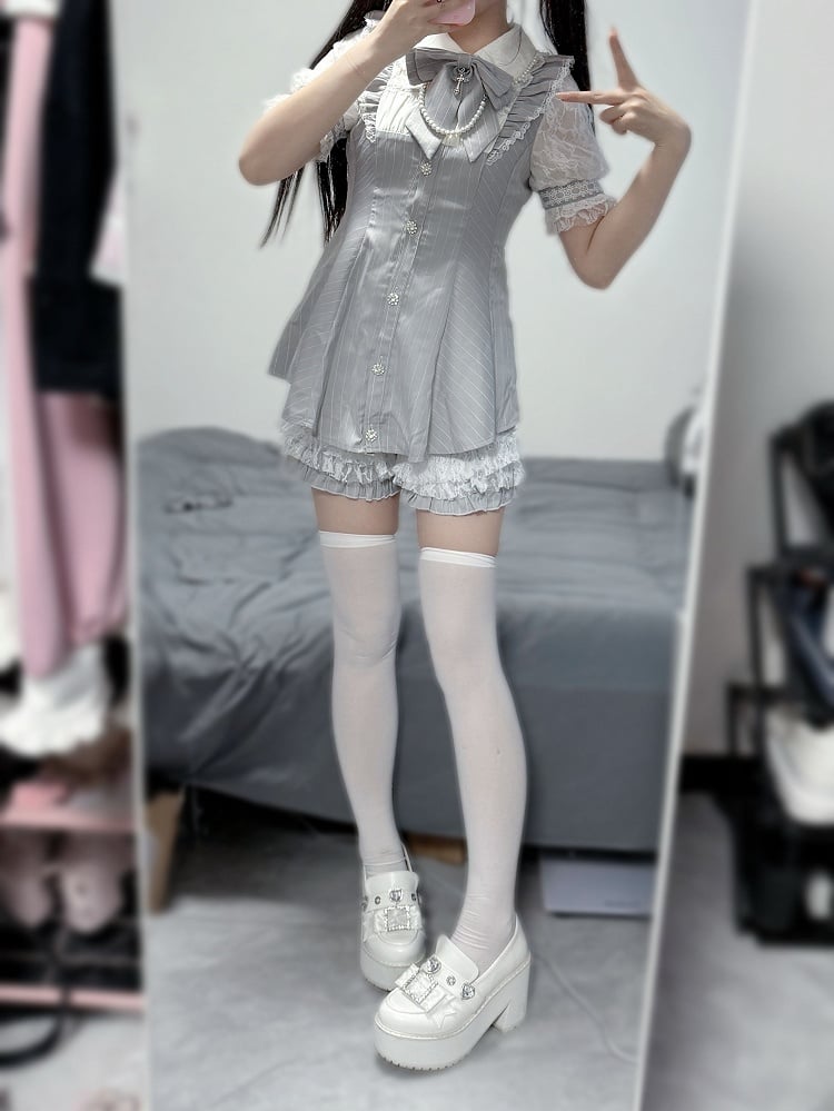 Gray Striped Jirai Kei Set- Back + Tie Neckline Bow Lace-up Mini Dress + Shorts Illusion