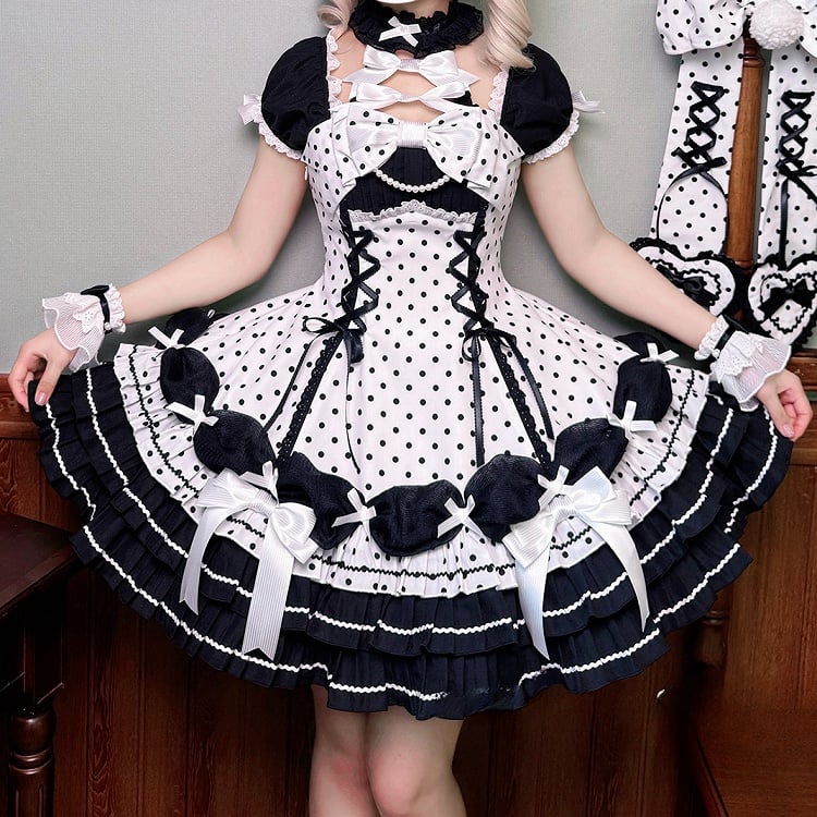 Akzente Schwarz Polka Dots Kleid Old School Schleife Weiß Lolita Neck Halter mit