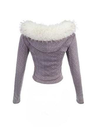 Fur With Hoodie Collar Detail Cardigan Black Gray Knit Faux Bow