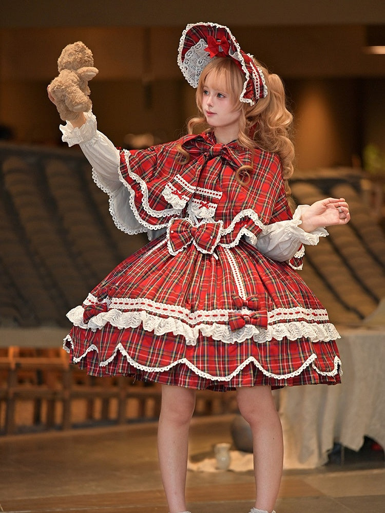and Plaid Bunny Ears Red Cape Hooded with Petal-like Trim