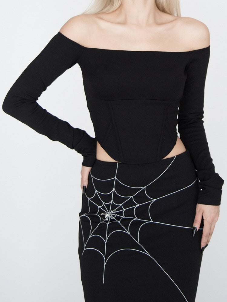 Black Off-the-shoulder Neckline Curved Hem Top