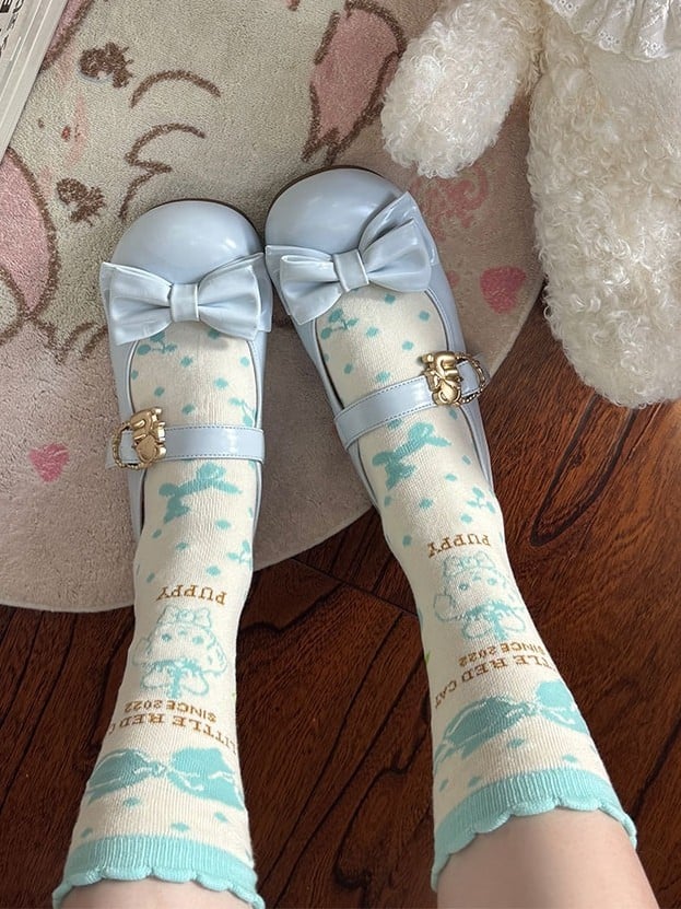 Heart Top Bow Buckles Sky at Hugging Bear Lolita Sweet Flats with Blue