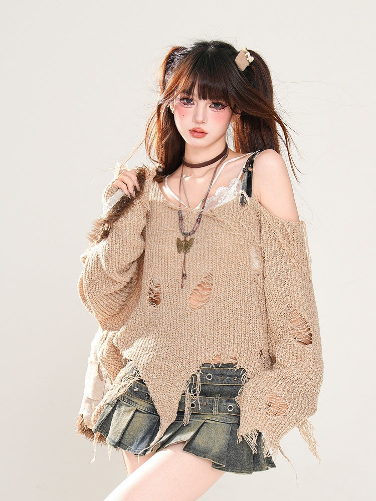 Gestrickter Punk Khaki Asymmetrischer Ausschnitt und Löcher am oberen Saum Wasteland Distressed