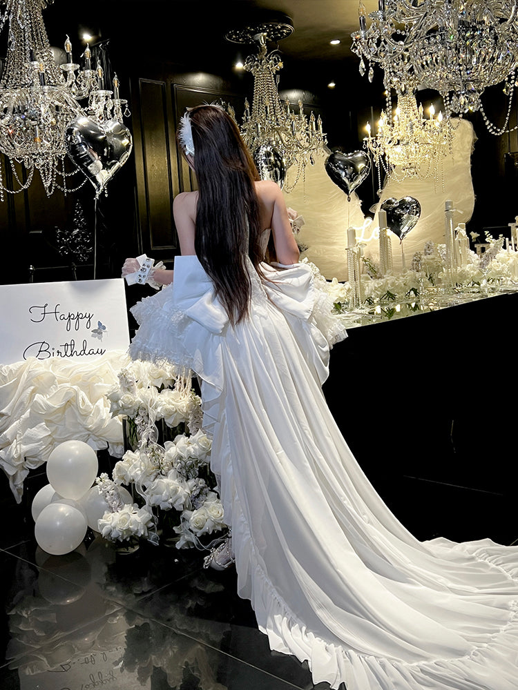 White Floor Length Big Bow Train