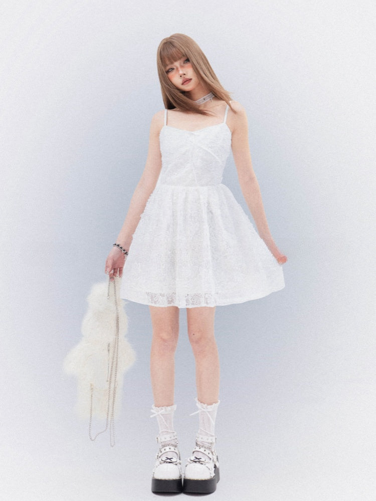Cami Dress with Self-Tie Bow Elegant Lace White Thigh-length