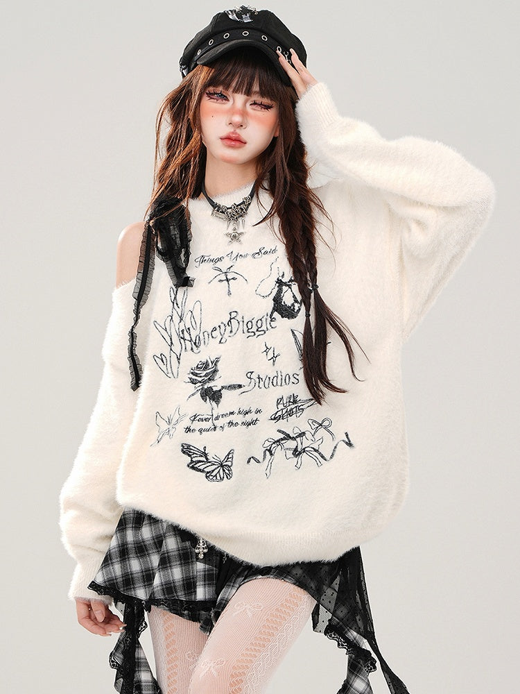 Apricot/Schwarzer weicher Mohair-Pullover mit Schmetterlingen und Schleifen an der Schulter