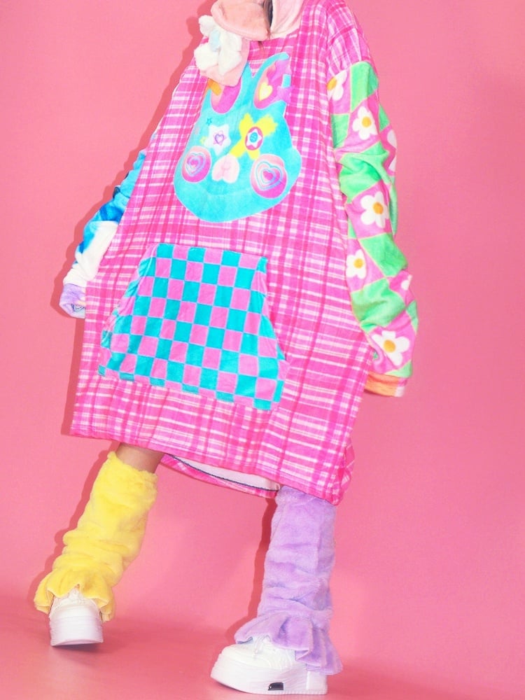Colorful Oversized Floral And Pattern Hooded Cartoon Print Y2K Dress Plaid