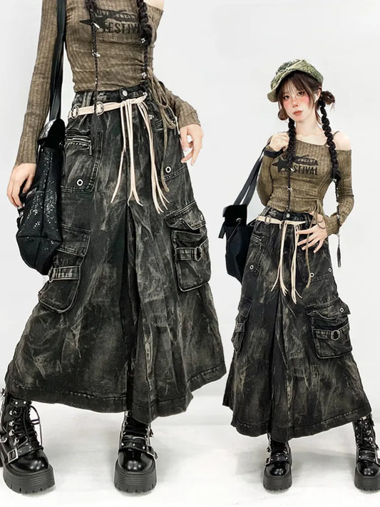 Wash Punk Wasteland Pockets Faded Skirt Cargo Black