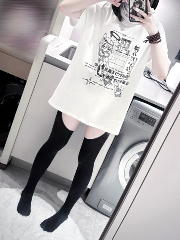 Jirai Black/White Round Neck Cyberpunk T-Shirt Print Kei Angel Cotton