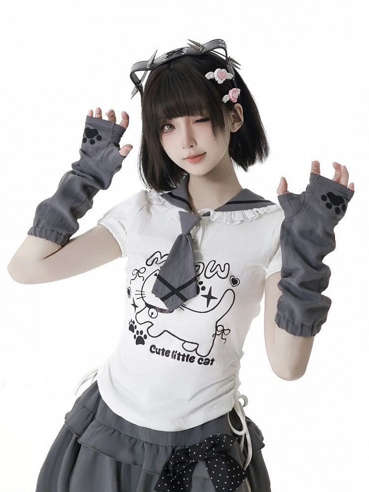 Side Armwear Free Ears with T-shirt Kitty Design Sailor Collar White Drawstring
