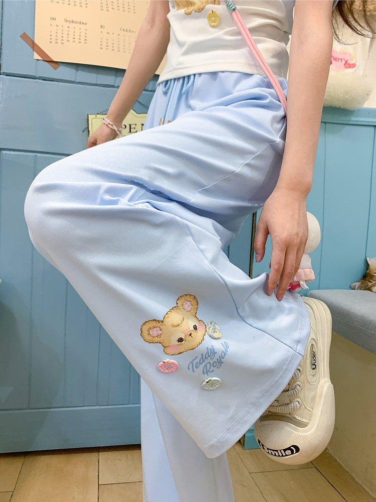 Wide-Leg Casual Pants Blue Drawstring Waist Bear Print Cuff
