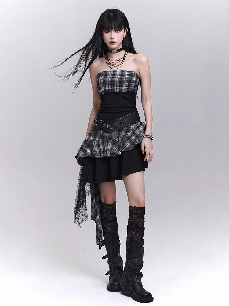 Strapless Dress Skirt Black White Plaid Asymmetrical Hem Tiered