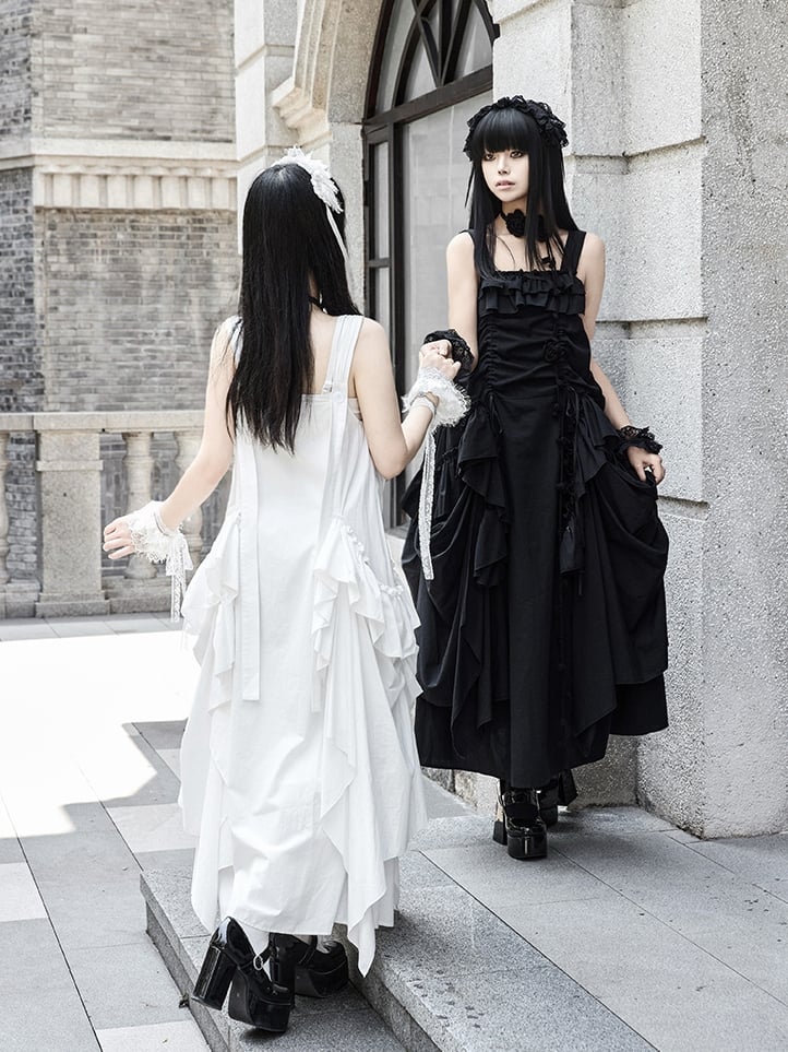 + Drawstring Design Necklace White Goth Ruffles Loose Scarf Dress Cascading