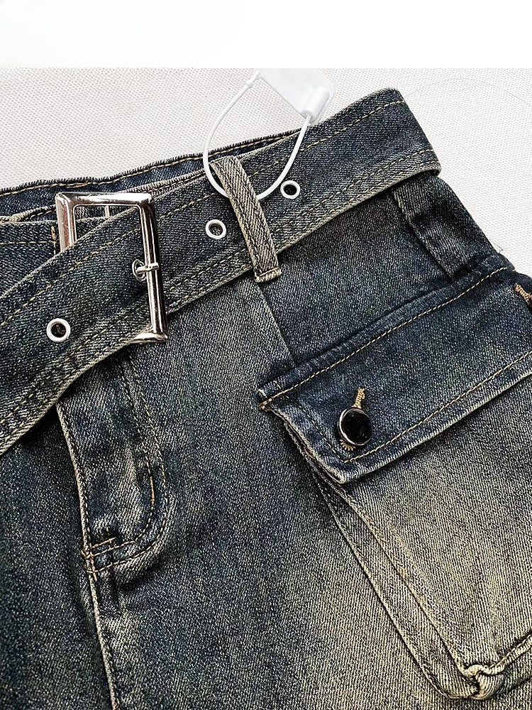 Vintage Dark Blue Distressed Denim Glamorous Skirt with Cargo Pockets