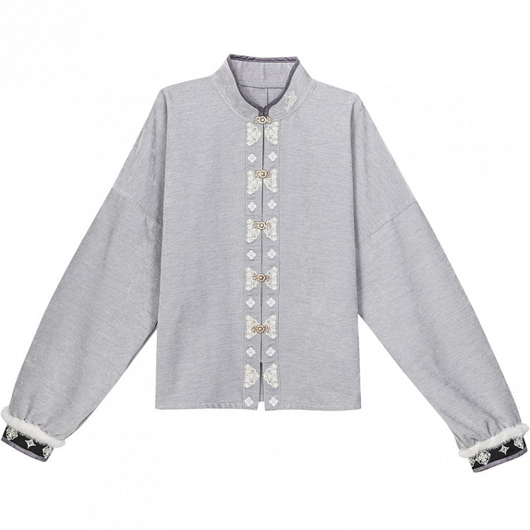 Grey Cheongsam Style Banded Collar Long Sleeves Top