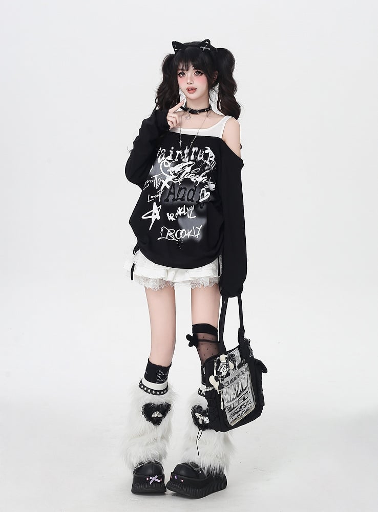 Star Y2K Print Open Shoulder Black/White Top Faux Two-pieces