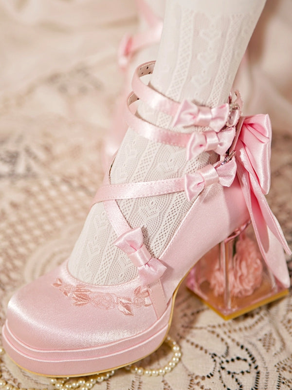 Heel Flower High Platform Elegant Block Camellia Pink Heels