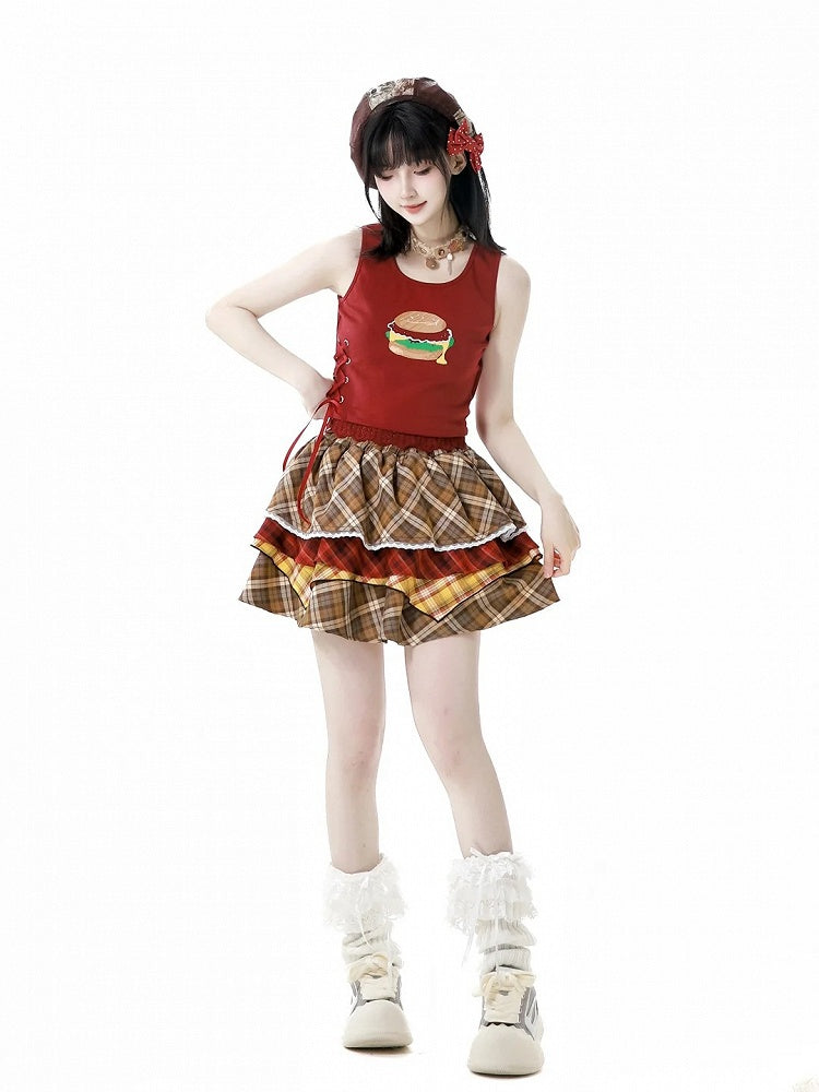 Detail Trim White/Red Burger Print Lace Tank Top with Lace-up