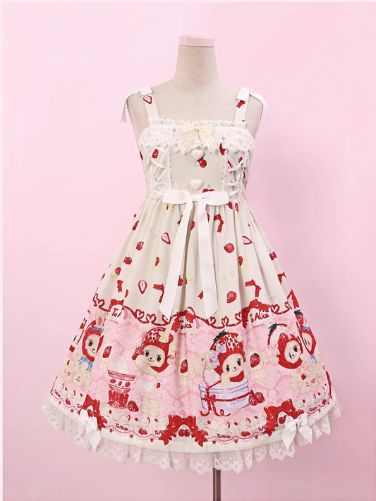 Beige Accents Lolita Dress JSK Strawberry and Bear Print Bowknot Chiffon Country Cottagecore