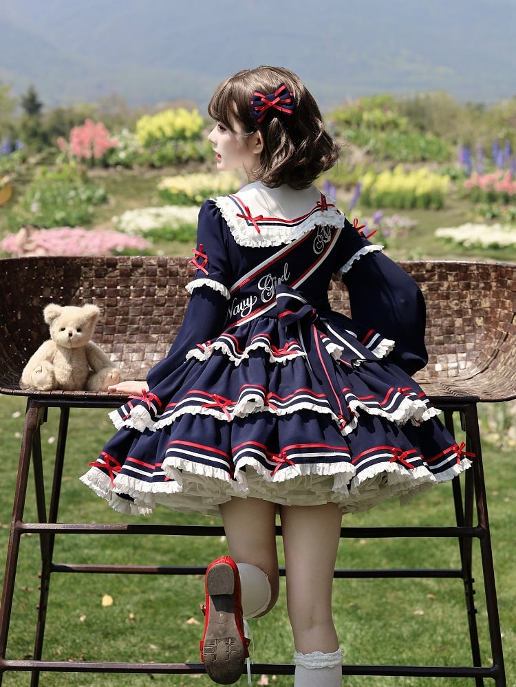 Sailor Set Lolita Navy Summer Dress Skirt Full OP Navycore Tiered Blue