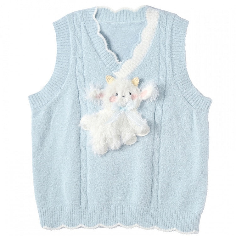 Yume Kawaii Blaue Strickweste mit Plüschlamm vorne