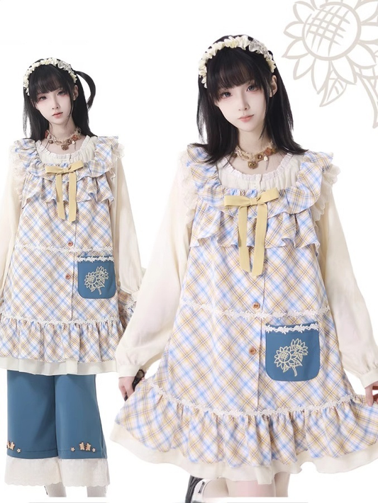 and Plaid Cottagecore Tiered Flutter Sleeves Yellow Dress with Detachable Bow Blue