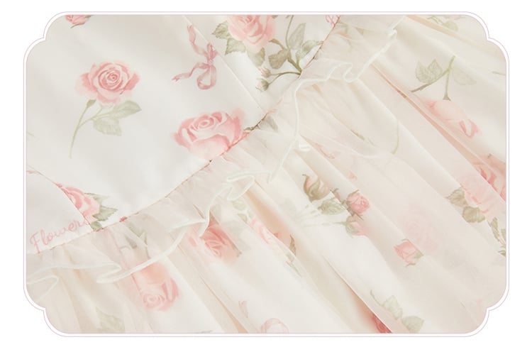 Dress Pink Print Rosette White Illusion Lolita Summer Neckline