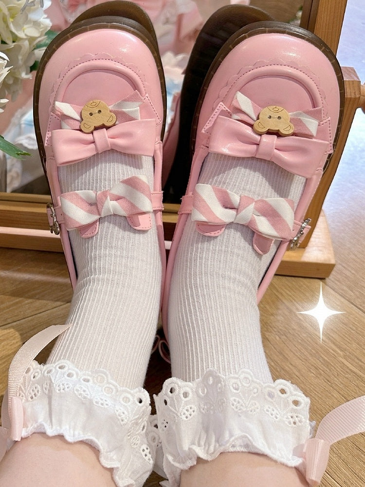 - 2cm Sweet with Uniform Striped Flats Pink Bow PU Lolita Sole
