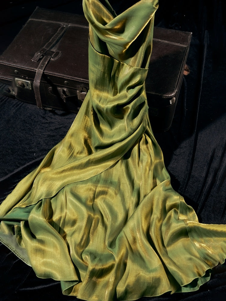 Green Asymmetrical Flounce Hem Cami Dress