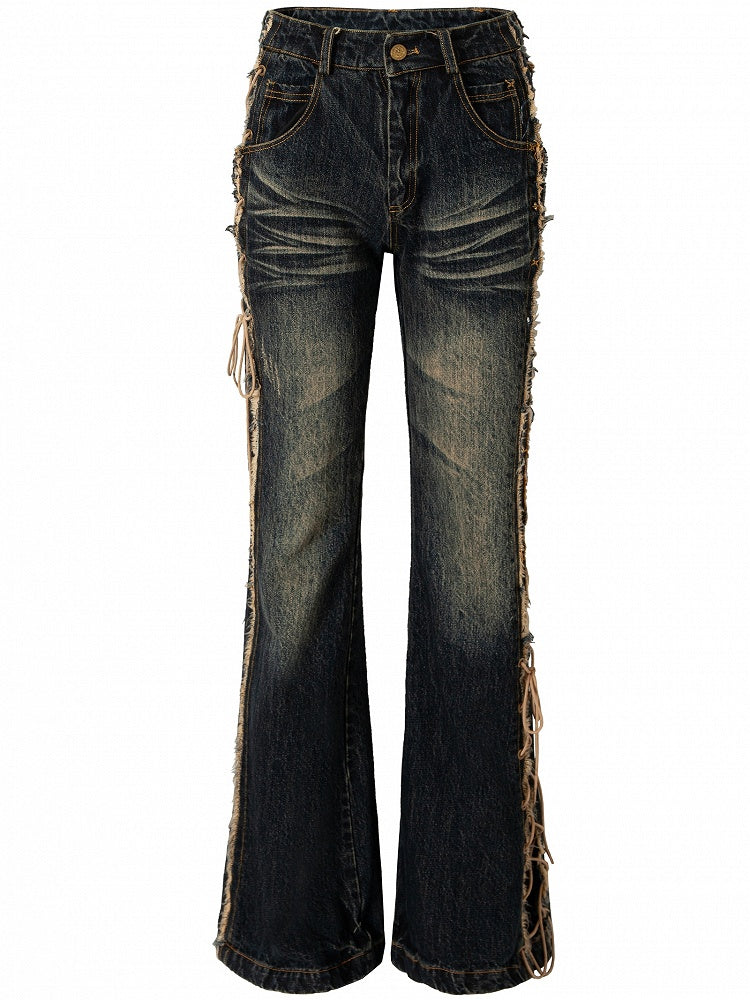 Fishtail Punk Lace-up Detail Wasteland Dark Jeans Hem Raw Blue