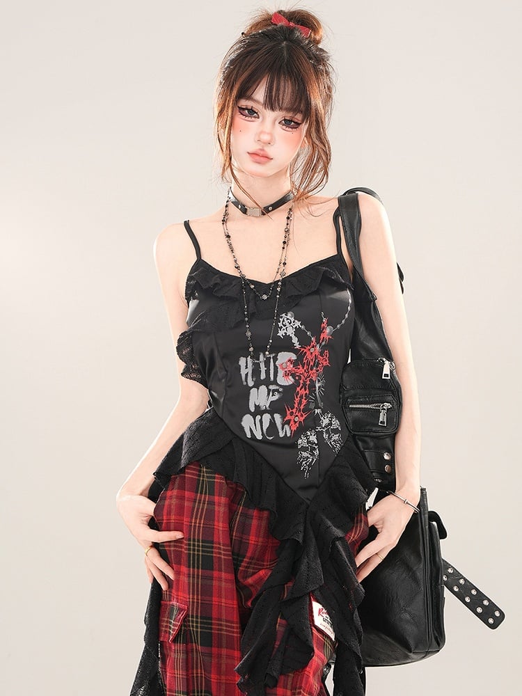 Schwarzes Camisole-Top mit asymmetrischem Volantsaum und Kreuz