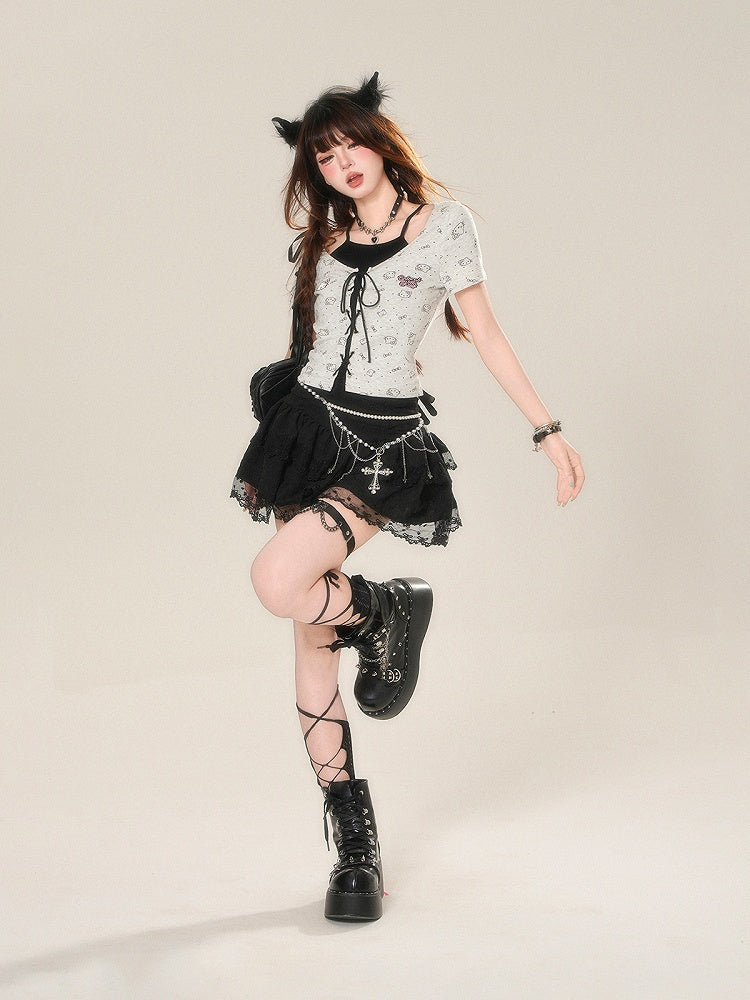 Lace Trim High Skirt Glamorous Tiered Mini Mesh Black Waist