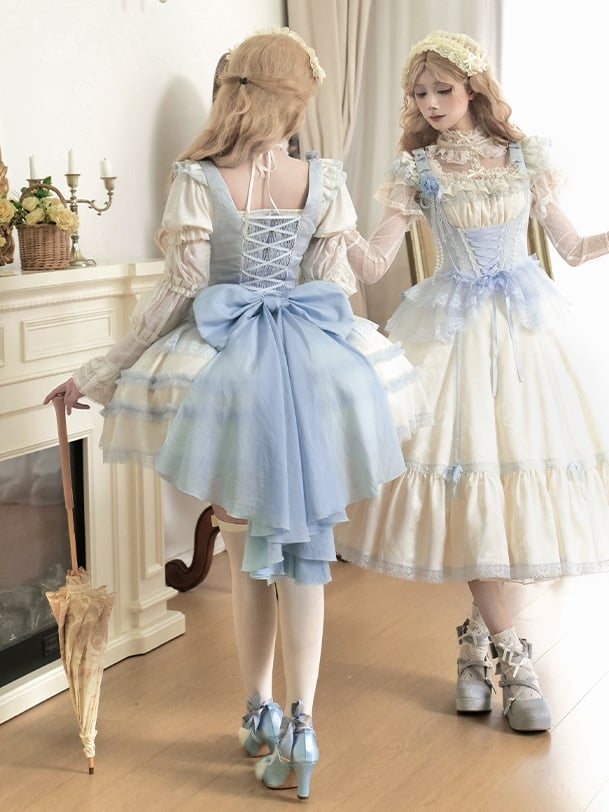 Full Beige OP Blue Lolita Sleeves Neckline and Trims Light Short Set Square Lace Dress
