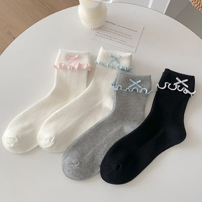 6 Ruffled Contrast Options Trim Ankle Socks Details Color Bowknot