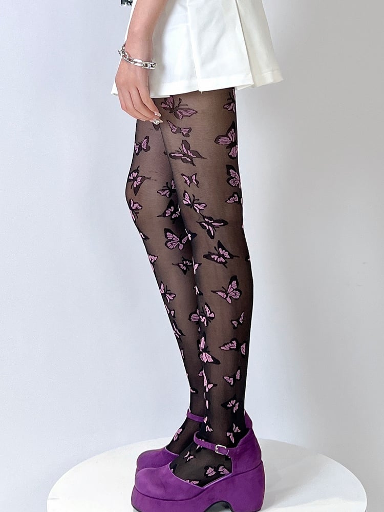 Y2K Butterfly Embroidered Tights Black