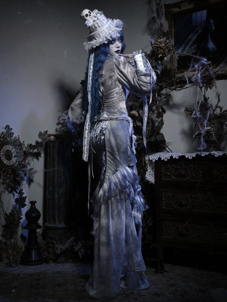 Jupe sirène gothique Corpse Bride bleu poussiéreux à volants et genoux
