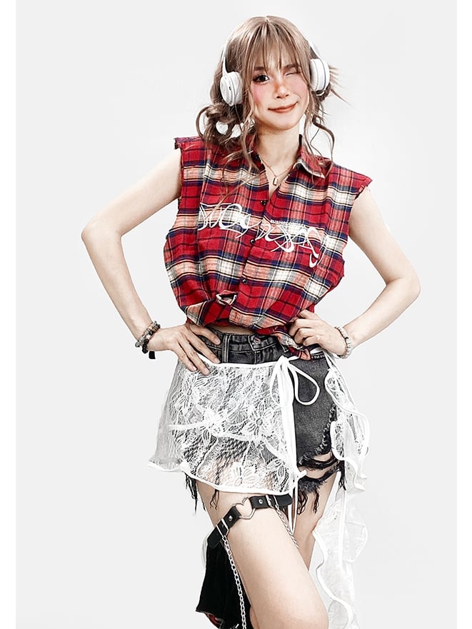 Letter Sleeveless Pattern Red Shirt Plaid Embroidery Y2K