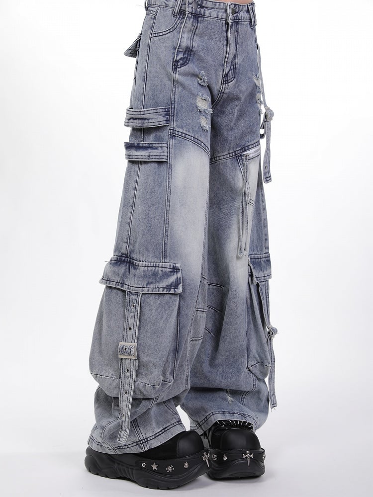 Wash Blue Distressed Cargo Jeans with Adjustable Strap Accents Faded