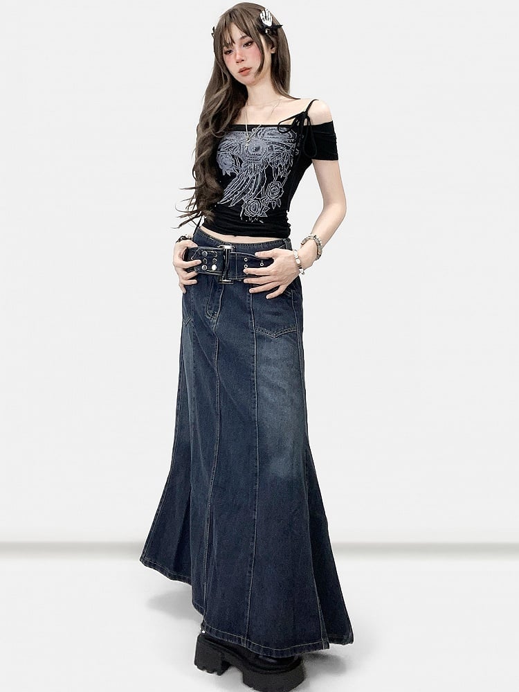 Off-the-shoulder Neckline Decorated Floral Black Rhinestone T-shirt Design Y2K