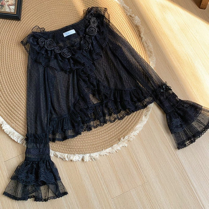 Dotted Black Top Sleeves Tulle Flounce Sheer Long Trimming