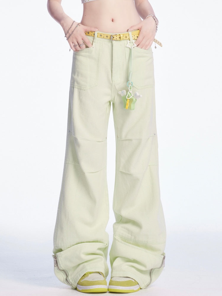 Pants Light Green Low Waist Zip Cuffs Wide-leg Cargo