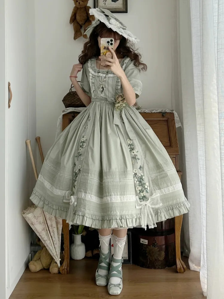 Jasmine Stickerei Baumwolle Ausschnitt Lolita Kleid Helles Quadrat Grün
