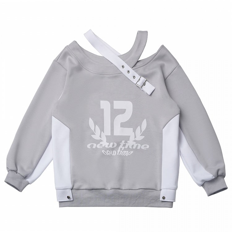 Design Colorblock Gray White Asymmetrical Neckline Cutout Shoulder Spring Sweatshirt