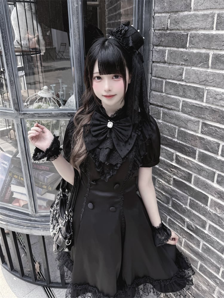 Back Bow Tie Black Ruffled Lace Trim Self-tie + Jirai Kei Chiffon Dress