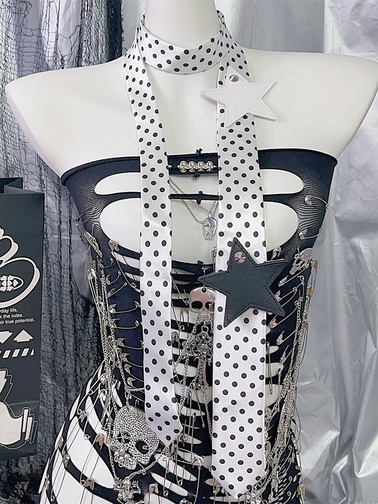 Applique Star Tie Pattern White/Black Polka-dot Y2K Neck