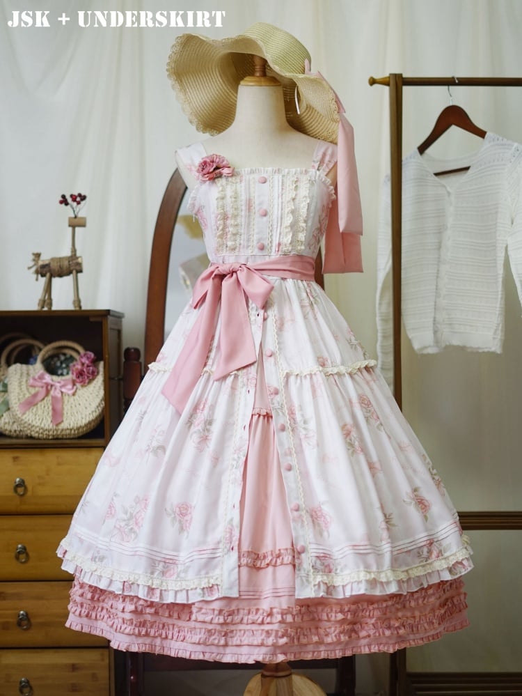 Robe d'été à imprimé rosace rose, motif floral naturel Kei, avec patte de boutonnage sur le devant et jupe pull Lolita