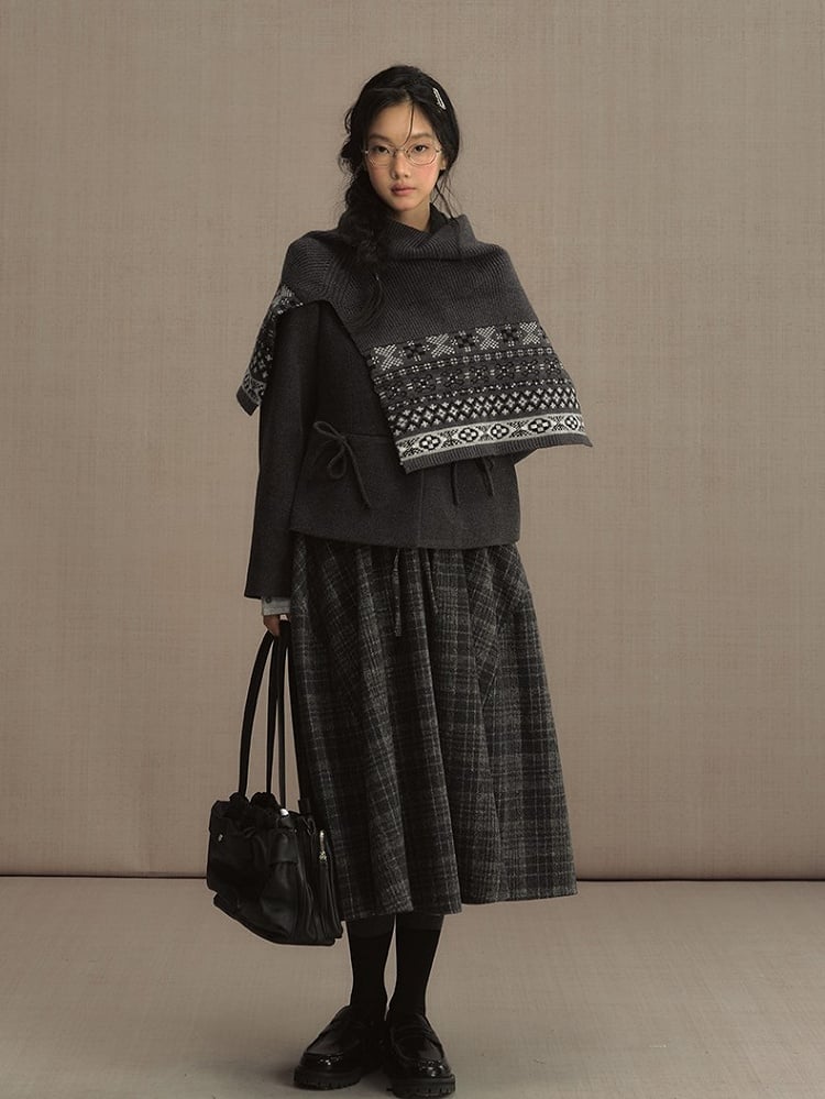 Gray Elastic Waist Tweed Plaid Tea Length Skirt