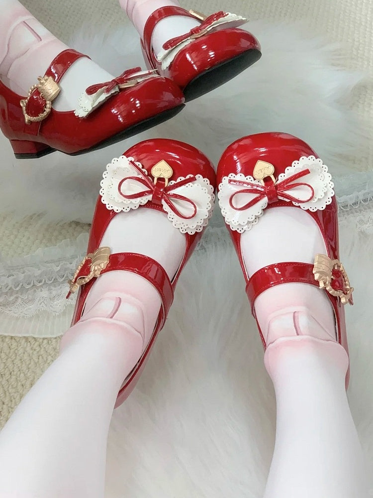Janes Mary Täglich Bequeme Mehrschichtige Schuhe mit Niedrigem Absatz und süßen roten Schleifen Lolita -