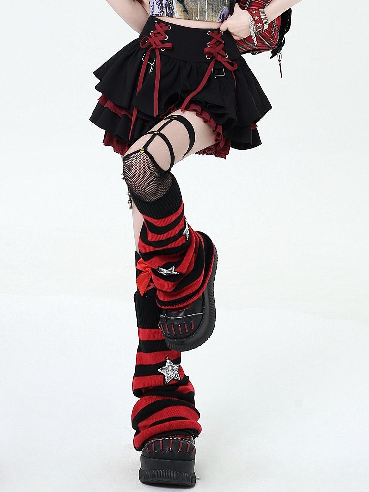 and at Red Black Lace-up Tiered Punk Y2K Waist Details Rock Skirt