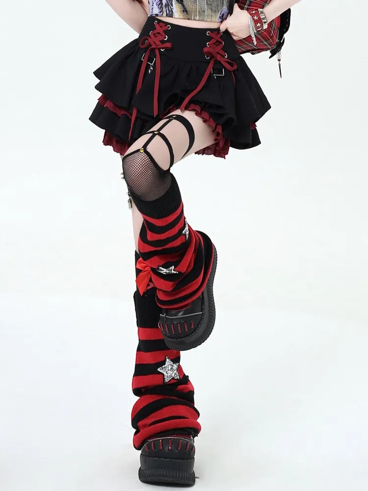 Skirt at Tiered Lace-up Punk Details Red and Black Waist Y2K Rock
